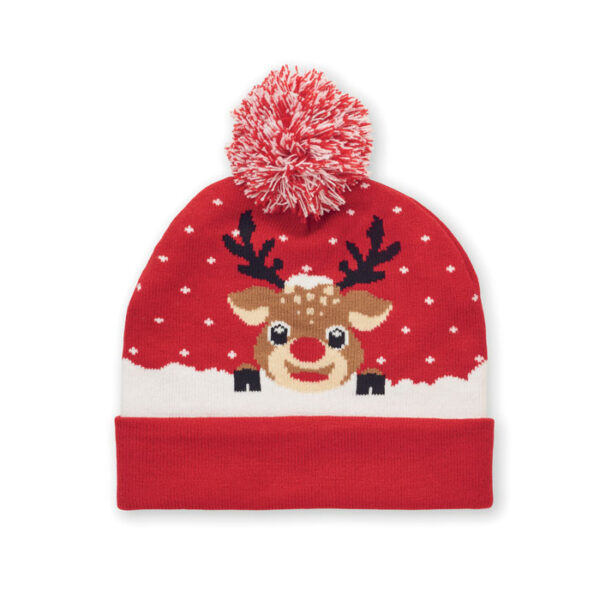 Julehue med logo — Strikket beanie med manchet og kvast
