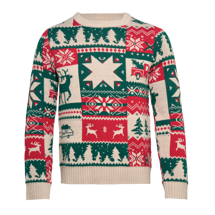 Julesweater med logo — strikket, størrelse S-M
