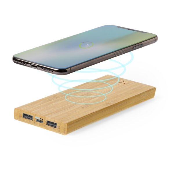 Powerbank med logo — Bambus, 6.000 mAh med trådløs oplader